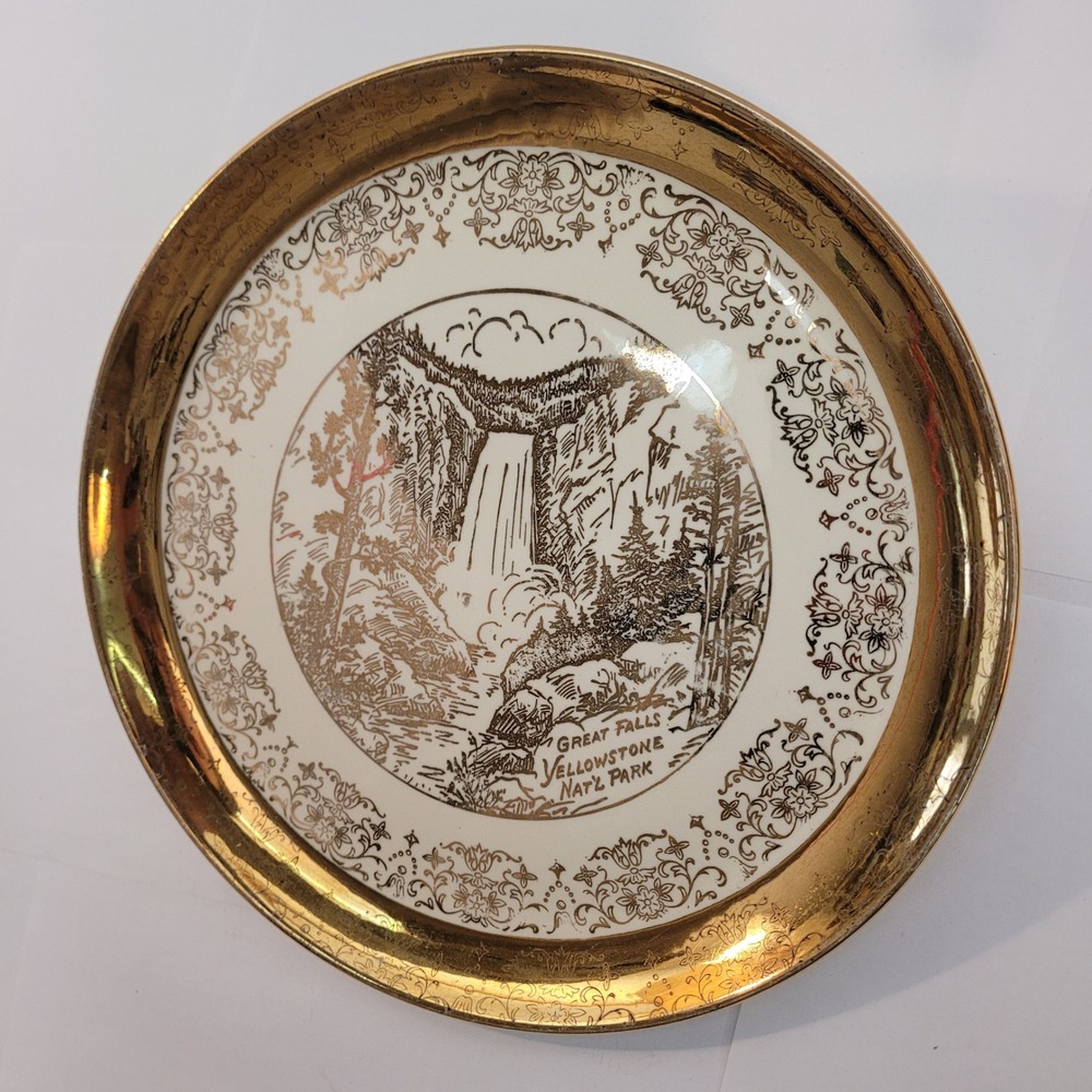 VTG Yellowstone National Park Souvenir Plate Great Falls Gold Rim Decorative 10"